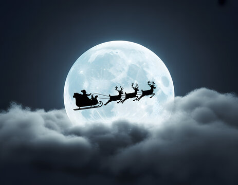 Santa claus flying in sleigh with reindeers before a full moon.