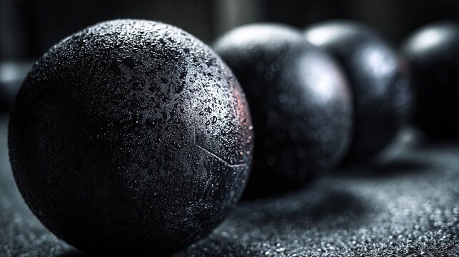Close-up of shiny black medicine balls with moisture and warm lighting, symbolizing strength, endurance, and gym training intensity, detailed surface texture, dramatic fitness lighting, high-contrast 