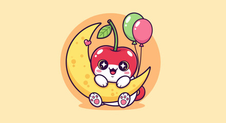 Cartoon cherry character riding crescent moon with balloons illustration