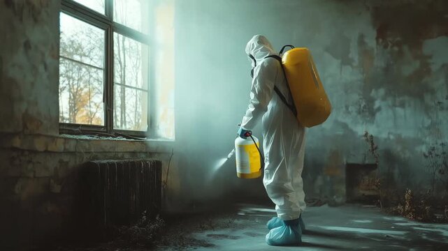A worker in protective gear sprays disinfectant in an empty room of an abandoned building while preparing for restoration efforts