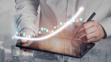 A business professional engages with data trends on a tablet, surrounded by financial graphs and city life, demonstrating the synergy of technology and market analysis. Copula