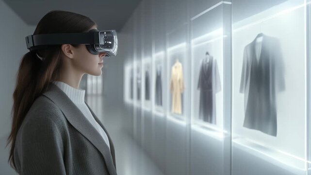 A woman experiences virtual fashion displays while wearing augmented reality glasses in a contemporary art gallery