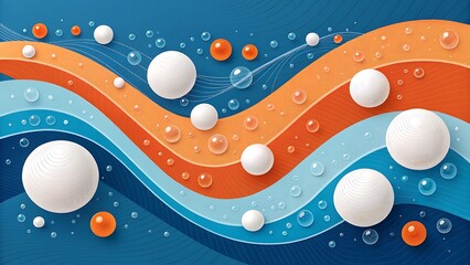 Abstract blue and orange wavy pattern with floating spheres and bubbles