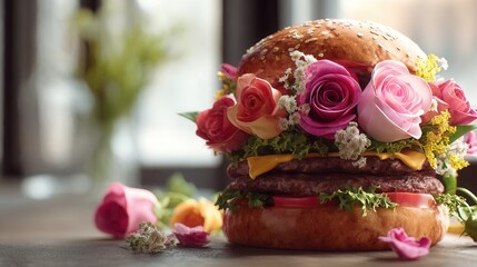 Creative burger decorated with roses and flowers, symbolizing artistic food presentation and culinary imagination, bright natural lighting, realistic textures, shallow depth of field.