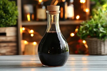Dark liquid in a clear glass bottle with cork stopper on gray surface