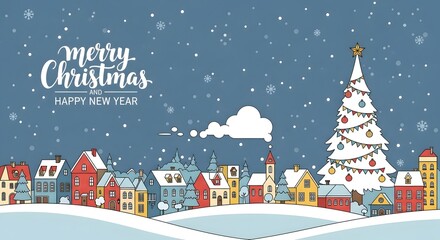 Merry Christmas and Happy New Year greeting over a whimsical snowy townscape with a tall decorated tree, falling snowflakes, pastel houses, and playful hand-drawn style.