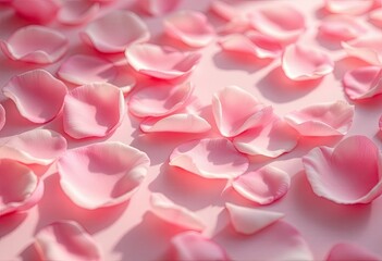 Fototapeta premium Delicate rose petals scattered on a soft pink surface. Sunlight casts gentle shadows. Petals vary in shades of pink