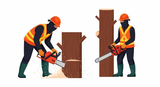 Two lumberjacks wearing safety gear using chainsaws to cut down trees in a forest.