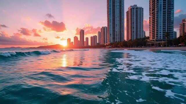 Stunning Surfers Paradise Sunrise Aerial: Pink & Gold Skyscrapers, Ocean Vista, Drone Footage of Australia's Gold Coast for Travel & Tourism