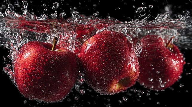 Vibrant red apples splashing into clear water, crystal droplets frozen in motion, high-speed photography style, freshness and purity, bright reflections, healthy lifestyle symbolism