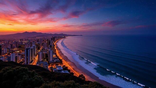 Breathtaking Southern Gold Coast Vista from Day to Night Transition, a Vibrant Urban Landscape Bathed in Golden Hour Light, Perfect for Travel Ads