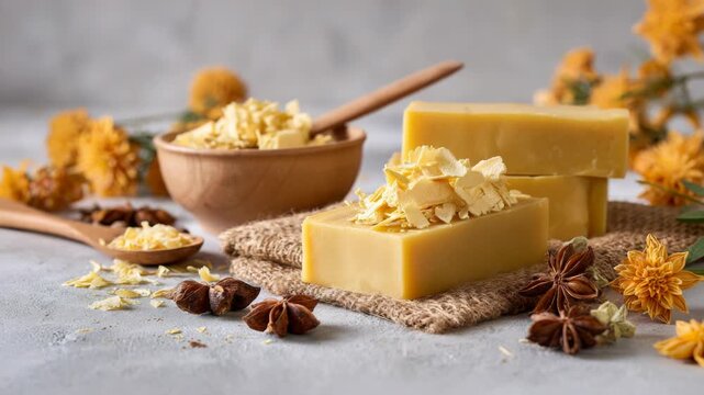 Handmade natural soap with shea butter, star anise and dried flowers