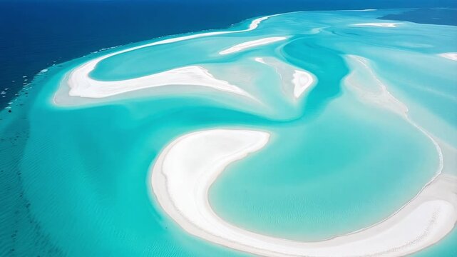 Stunning aerial views of Hill Inlet's swirling sands and turquoise water at Whitehaven Beach, Queensland, Australia in breathtaking 4k video footage