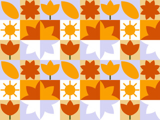 Seamless endless pattern of colorful bright squares, tiles with abstract flowers, sun, leaves