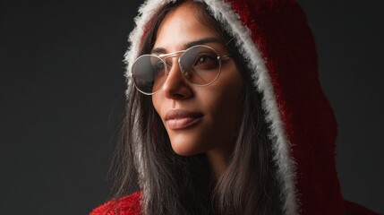 Fototapeta premium attractive cool female santa claus with sunglasses portrait she has long hairs and red and white heat generative ai