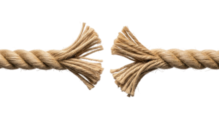 Twisted Fiber Rope Splitting in Tension With Loose Ends, Cut Out, Clipping Path, Isolated on a Transparent PNG Background.