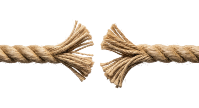 Twisted Fiber Rope Splitting in Tension With Loose Ends, Cut Out, Clipping Path, Isolated on a Transparent PNG Background.