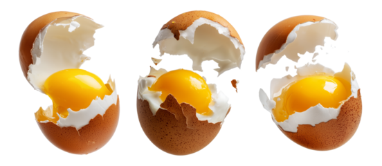 Cracked brown egg with intact yolk and broken shell in high detail, isolated on white transparent background