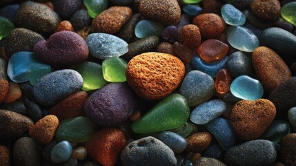Colorful collection of smooth stones and sea glass, creating a visually appealing natural mosaic.