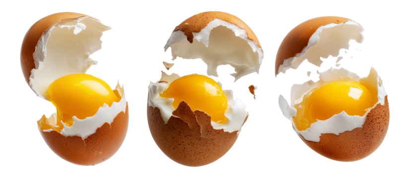 Cracked brown egg with intact yolk and broken shell in high detail, isolated on white transparent background