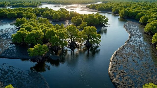 Aerial drone footage follows the mangrove river's winding path, contrasting with dark coastal mudflats in stunning 4K video quality for stock use