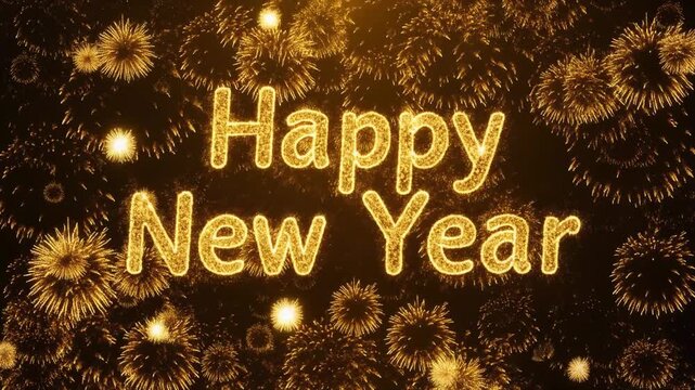 Glowing firework sparkler trail writing &ldquo;HAPPY NEW YEAR&rdquo; in the air