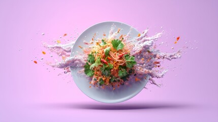 A vibrant dish with colorful ingredients splashing out of a plate against a soft pink background, a dynamic culinary presentation, Thailand symbolic arts background