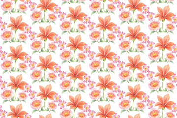 Seamless pattern of orange lilies and pink flowers on transparent background