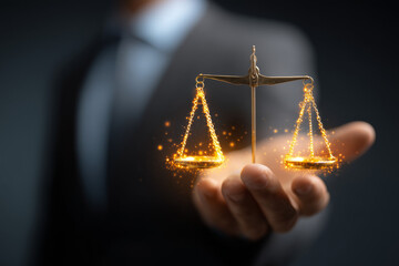 a lawyer holds the glowing scales of justice in their hand, symbolizing law and fair court action with a blurred background.