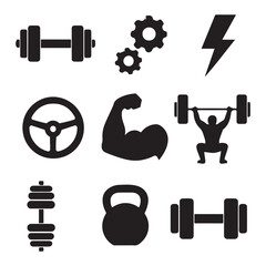 Gym gear icons, dumbbells, gear wheels, lightning bolt, steering wheel, strength symbol, power training, vector 