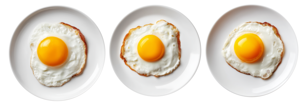Sunny-side up fried egg with crisp edges on white plate from above on white transparent background, breakfast simplicity
