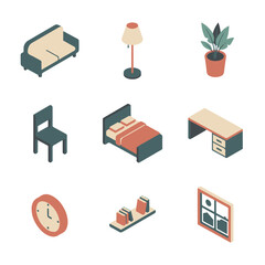 Isometric Interior Objects Set with Minimal Three-Color Design
