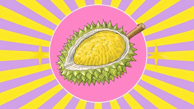 A vibrant illustration of a durian fruit set against a colorful sunburst background, highlighting its unique texture and distinctive appearance, Thailand symbolic arts background