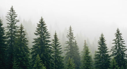 Misty Pine Forest Landscape With Tall Evergreen Trees in Foggy Weather