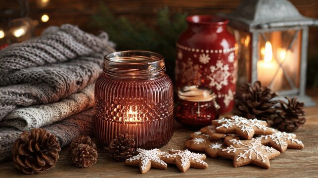 christmas decorations and festive cookies cozy interior lifestyle photography warm environment holiday concept - Powered by Adobe