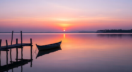 A serene sunset over a calm lake with a small boat and wooden pier reflecting in the water surface