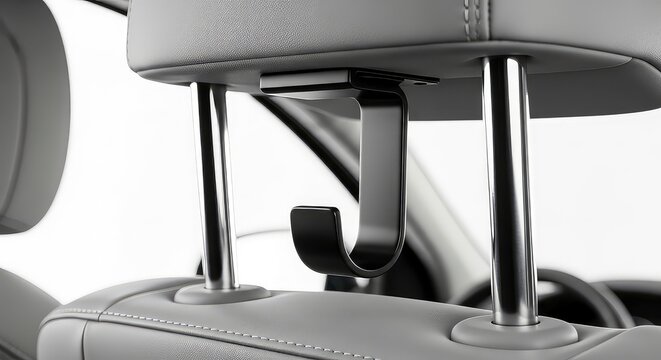 Close-up view of a car interior showing chrome headrest supports and a sleek hook; premium leather upholstery and neat stitching convey luxury, safety, and modern design suitable for automotive lifest