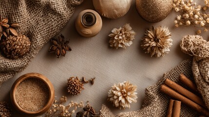 Fototapeta premium Warm Christmas background top-down view with dried flowers, cinnamon sticks, wooden elements, central copyspace, rustic elegance, natural holiday aesthetic 