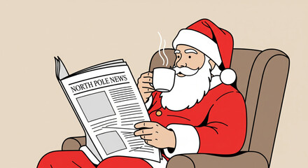 Jolly Santa Claus enjoys a peaceful morning, unwinding in his favorite armchair with a warm drink and a daily newspaper, preparing for holiday cheer