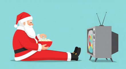 Funny cartoon Santa Claus character relaxing on the floor, eating popcorn and watching a movie on a retro television set