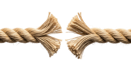 Strong Rope Failing in Stress Showing Frayed Strands, Cut Out, Clipping Path, Isolated on a Transparent PNG Background.