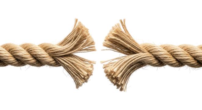 Strong Rope Failing in Stress Showing Frayed Strands, Cut Out, Clipping Path, Isolated on a Transparent PNG Background.