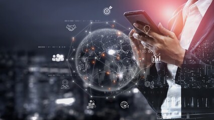 Global business network connecting digital economy and data exchange. Global business expands market, business shares data, global drives finance, and global business supports insight. Marrow