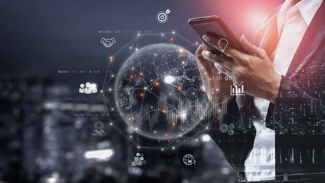 Global business network connecting digital economy and data exchange. Global business expands market, business shares data, global drives finance, and global business supports insight. Marrow - Powered by Adobe