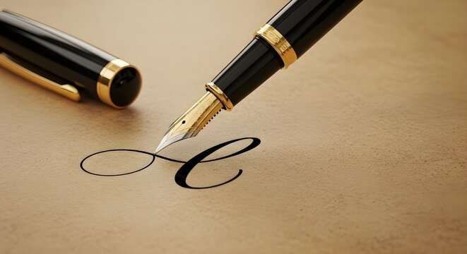 Elegant black and gold fountain pen writing a cursive letter on textured brown paper