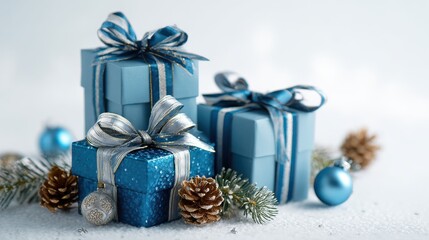 stack of blue christmas gift boxes with shiny ribbons and holiday decorations on white background for festive seasonal celebration