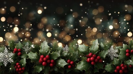a festive merry christmas banner with snowflakes holly and bokeh lights