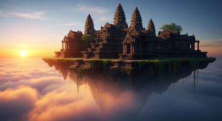 Naklejka premium Angkor Wat Temple Floating in the Clouds at Sunset.