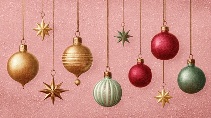 retro hanging christmas baubles and stars in gold red and mint tones against a textured pink background