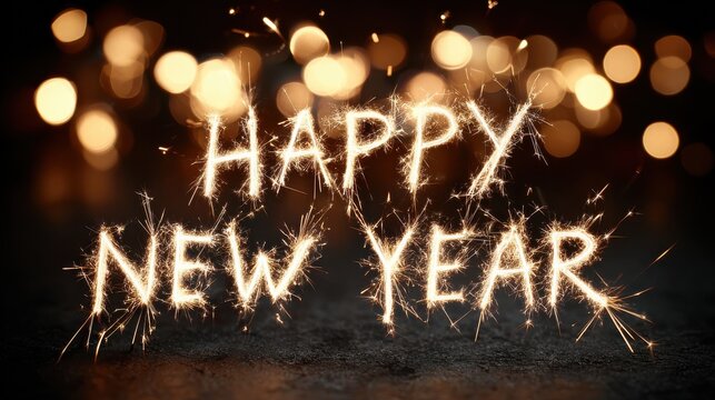 happy new year text on black card with sparklers and bokeh lights for celebration greeting - Powered by Adobe